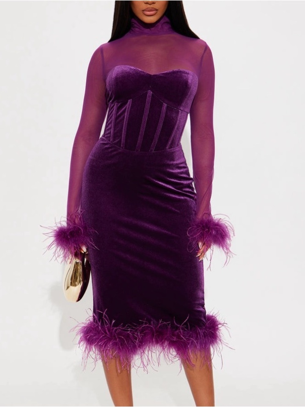 Purple Velvet Midi Dress with Feather Trim by